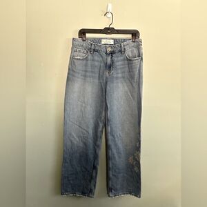 Hollister Low Rise Slouchy Straight Cross Stitch Floral Wide Blue Jeans Sz 8R 29
